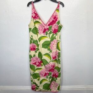 Vintage Helen Wang New York Floral Midi Dress Size 12 Pink Green V-Neck